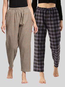 Kryptic - Womens Brown & Grey Cotton Check Lounge Pajamas (Pack of 2)