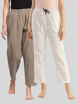 Kryptic - Womens Brown White Cotton Check Lounge Pajamas (Pack of 2)