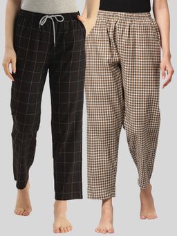 Kryptic - Womens Brown Black Cotton Check Lounge Pajamas (Pack of 2)