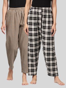 Kryptic - Womens Brown Black Cotton Check Lounge Pajamas (Pack of 2)