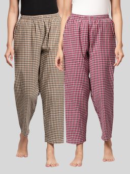 Kryptic - Womens Brown Maroon Cotton Check Lounge Pajamas (Pack of 2)