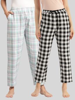 Kryptic - Womens Grey & White Cotton Check Lounge Pajamas (Pack of 2)
