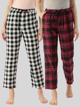 Kryptic - Womens Maroon & Black Cotton Check Lounge Pajamas (Pack of 2)
