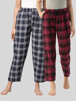 Kryptic - Womens Navy & Maroon Cotton Check Lounge Pajamas (Pack of 2)