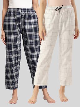 Kryptic - Womens Navy & White Cotton Check Lounge Pajamas (Pack of 2)