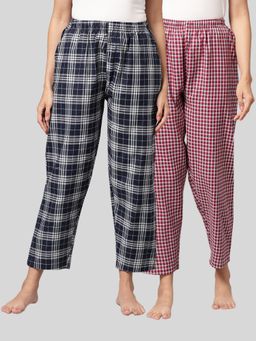 Kryptic - Womens Navy & Maroon Cotton Check Lounge Pajamas (Pack of 2)