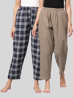 Kryptic - Womens Navy & Brown Cotton Check Lounge Pajamas (Pack of 2)