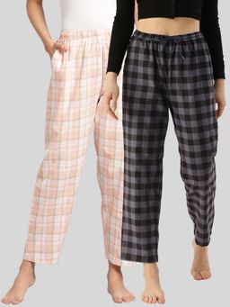 Kryptic - Womens Peach & Grey Cotton Check Lounge Pajamas (Pack of 2)