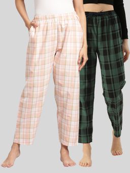 Kryptic - Womens Peach & Green Cotton Check Lounge Pajamas (Pack of 2)
