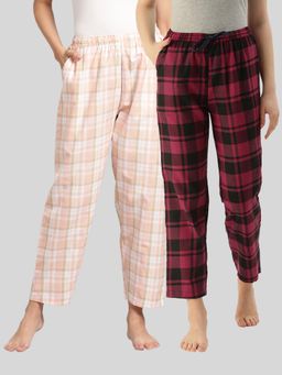 Kryptic - Womens Peach & Maroon Cotton Check Lounge Pajamas (Pack of 2)
