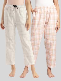 Kryptic - Womens Peach & White Cotton Check Lounge Pajamas (Pack of 2)