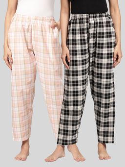 Kryptic - Womens Peach & Black Cotton Check Lounge Pajamas (Pack of 2)