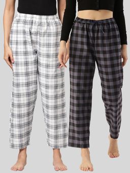 Kryptic - Womens White & Grey Cotton Check Lounge Pajamas (Pack of 2)