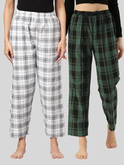Kryptic - Womens White & Green Cotton Check Lounge Pajamas (Pack of 2)