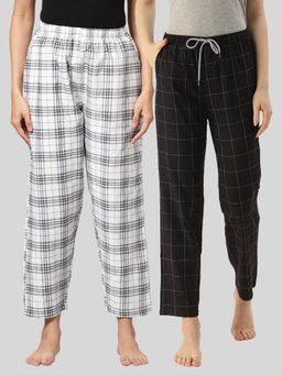 Kryptic - Womens White & Black Cotton Check Lounge Pajamas (Pack of 2)