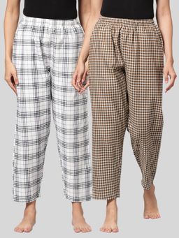 Kryptic - Womens White & Brown Cotton Check Lounge Pajamas (Pack of 2)