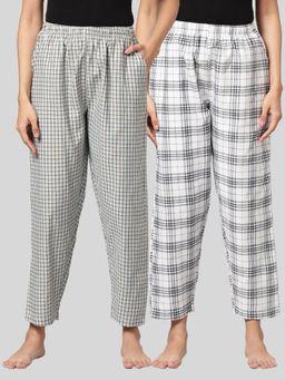 Kryptic - Womens White & Blue Cotton Check Lounge Pajamas (Pack of 2)