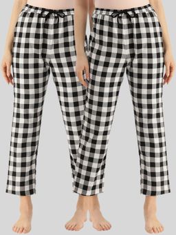 Kryptic - Womens White Black Cotton Check Lounge Pajamas (Pack of 2)