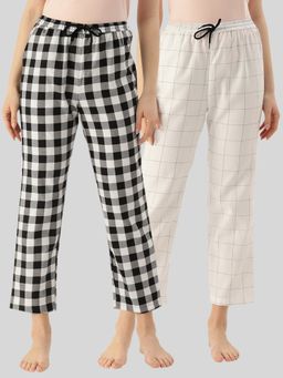 Kryptic - Womens White Black Cotton Check Lounge Pajamas (Pack of 2)