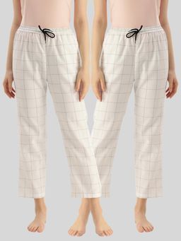 Kryptic - Womens White Cotton Check Lounge Pajamas (Pack of 2)