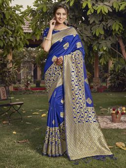 Akhilam - Womens Silk Blend Blue Woven Design Designer Saree with Unstitched Blouse