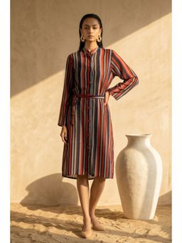 First Resort by Ramola Bachchan - Vibrant Red And Black Striped Shirt Dress (set Of 2)