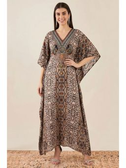 First Resort by Ramola Bachchan - Brown Animal Print Embellished Silk Full Length Kaftan