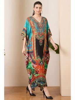 First Resort by Ramola Bachchan - Black And Orange Embellished Silk Full Length Kaftan
