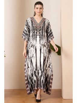 First Resort by Ramola Bachchan - Black And White Animal Print Embellished Silk Full Length Kaftan