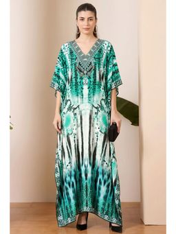 First Resort by Ramola Bachchan - Green And Black Animal Print Embellished Silk Full Length Kaftan