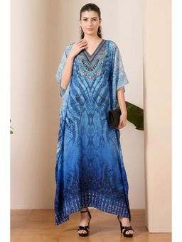 First Resort by Ramola Bachchan - Blue Python Print Embellished Silk Full Length Kaftan