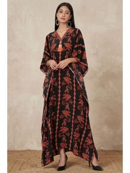 First Resort by Ramola Bachchan - Black And Orange Embellished Silk Full Length Kaftan
