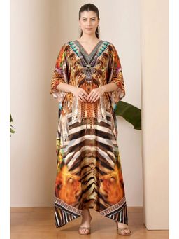First Resort by Ramola Bachchan - Brown And Black Tribal Print Embellished Silk Full Length Kaftan