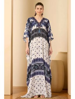 First Resort by Ramola Bachchan - White And Blue Porcelain Print Embellished Silk Full Length Kaftan