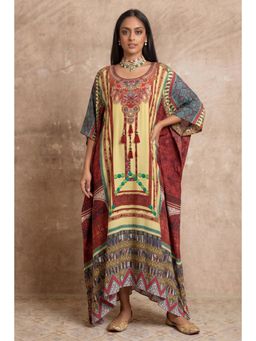 First Resort by Ramola Bachchan - Yellow And Brown Tassel Print Embellished Silk Full Length Kaftan
