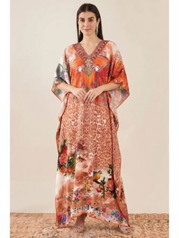 First Resort by Ramola Bachchan - Burnt Orange And Brown Animal Print Embellished Silk Kaftan