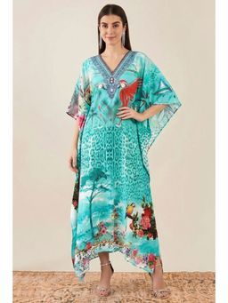 First Resort by Ramola Bachchan - Turquoise Animal Print Embellished Silk Full Length Kaftan