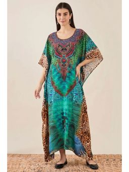 First Resort by Ramola Bachchan - Green Tribal Print Embellished Silk Full Length Kaftan
