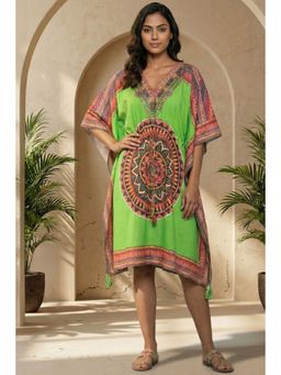 First Resort by Ramola Bachchan - Green Tribal Embellished Mid Length Kaftan