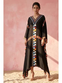 First Resort by Ramola Bachchan - Black Geometric Mid Length Kaftan