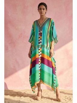First Resort by Ramola Bachchan - Blue And Green Geometric Mid Length Kaftan