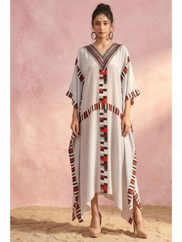 First Resort by Ramola Bachchan - Grey Geometric Mid Length Kaftan