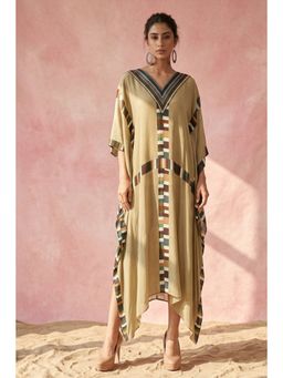 First Resort by Ramola Bachchan - Olive Green Geometric Mid Length Kaftan