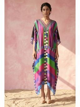 First Resort by Ramola Bachchan - Purple And Green Geometric Mid Length Kaftan