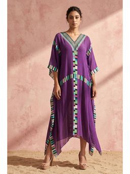 First Resort by Ramola Bachchan - Purple Geometric Mid Length Kaftan