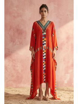 First Resort by Ramola Bachchan - Red Geometric Mid Length Kaftan