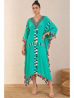 First Resort by Ramola Bachchan - Green Geometric Mid Length Kaftan With Lace