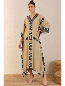 First Resort by Ramola Bachchan - Olive Green Geometric Mid Length Kaftan With Lace