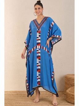 First Resort by Ramola Bachchan - Royal Blue Geometric Mid Length Kaftan With Lace
