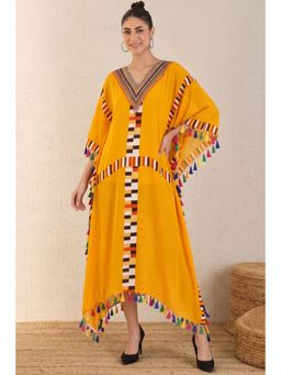 First Resort by Ramola Bachchan - Yellow Geometric Mid Length Kaftan With Lace